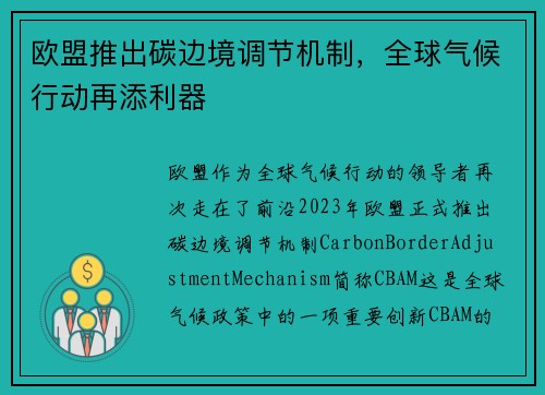 欧盟推出碳边境调节机制，全球气候行动再添利器